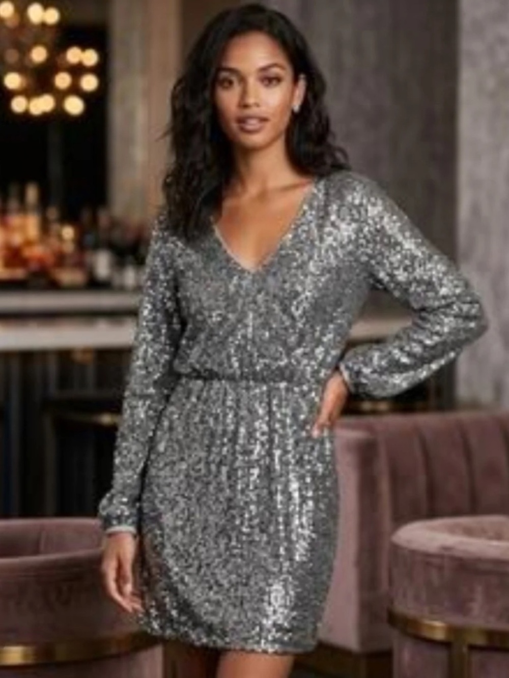 Express Silver Sequin V-Neck Long Sleeve Party Dress